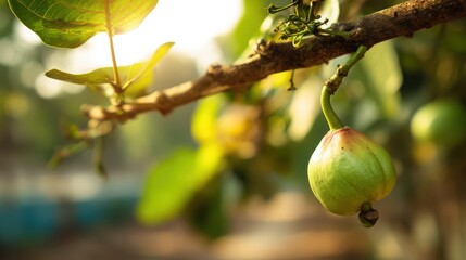 Fototapete - Close up shot of a green fruit hanging from a tree branch in a bright sunny garden setting with blurred background.