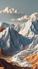 Poster - Stylized 3D mountain range model, textured beige and white, with orange location marker, showcasing topographic representation, ideal for travel or navigation concepts