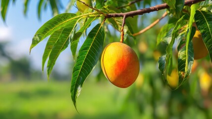 Fototapete - Close-up of a ripe mango hanging from a branch surrounded by green leaves and a blurry green background in natural sunlight.