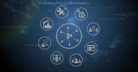 Poster - Gear fade-in forming cluster, user icons linking, services rotating around gauge showing network