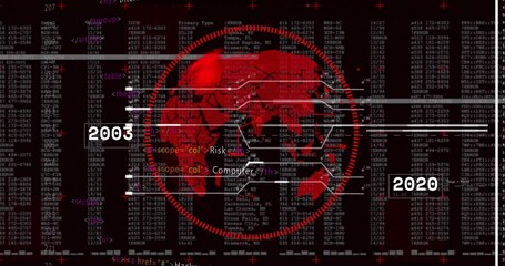 Poster - Opening code causing red globe rotating connecting nodes terms fading representing cyber threats