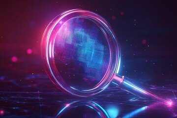 Poster - 3D search magnifying glass icon, futuristic vector art, soft glowing edges and clean digital background 