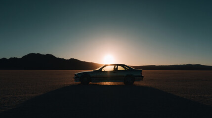 Poster - Car silhouette sunrise desert landscape mountain shadow sky outdoor dramatic. car is silhouetted against rising sun in vast desert landscape creating dramatic and peaceful scene
