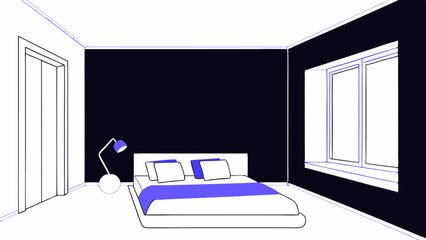Poster - Vector minimalist bedroom design featuring bed with blue accents, lamp, and large windows