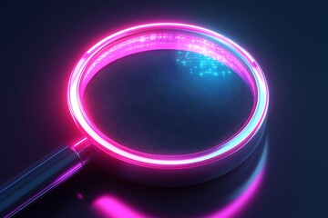 Poster - 3D search magnifying glass icon, futuristic vector art, soft glowing edges and clean digital background 