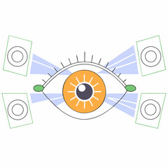 Poster - Vector vibrant eye design with cyberpunk elements, featuring glowing details and geometric shapes