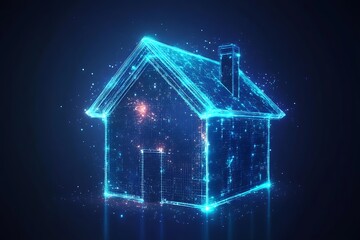 Aufkleber - 3D smart home house icon, glowing futuristic vector style, vibrant blue neon lights and smooth textures 