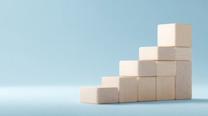 Poster - wooden blocks forming ascending stairs on light-blue background, symbolizing growth, progress, or ac