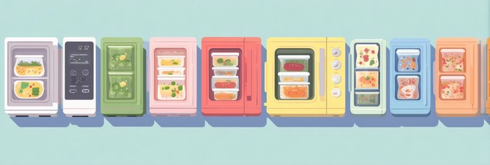 Aufkleber - Colorful Flat Design of Microwave-Ready Frozen Meals Lined up for Easy Meal Preparation and Convenient Dining at Home