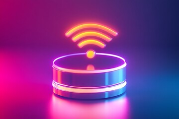 Aufkleber - 3D WiFi signal tower icon, neon glowing vector style with soft backgrounds and smooth metallic finish 