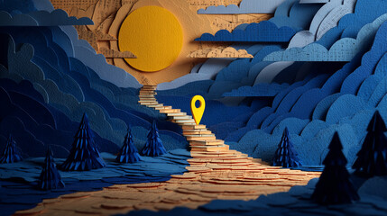 Poster - Papercraft landscape with blue mountains, yellow sun, and stairs leading to a yellow location pin, symbolizing journey, achievement, or reaching a goal