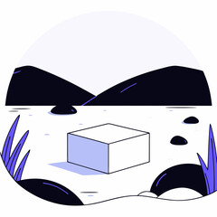 Poster - Vector white cube shaped podium placed on serene landscape with mountains and water
