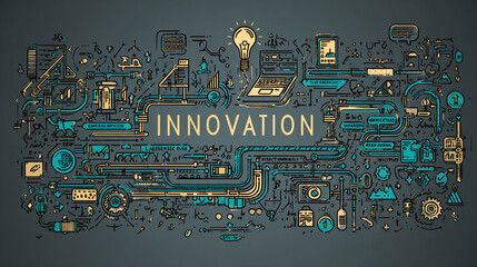 Poster - abstract illustration depicting innovation, showcasing interconnected gears, lightbulb, laptop, and 