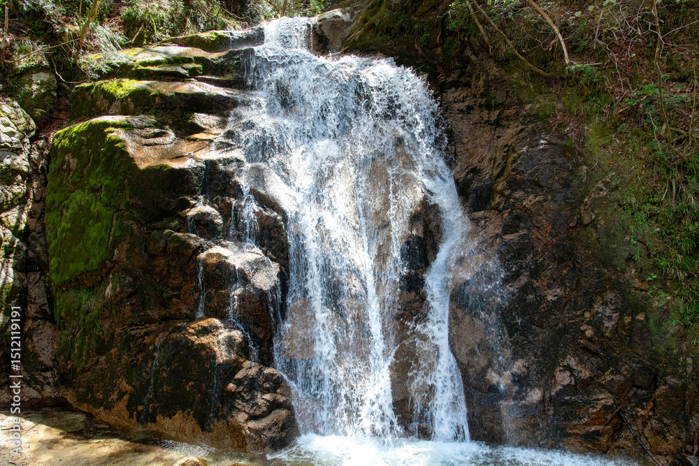 The Odaki and Medaki Waterfalls located along the hiking trail or footpath of the Nakasendo Trail, which traverses the Kiso Valley between Magome and Tsumago in Japan