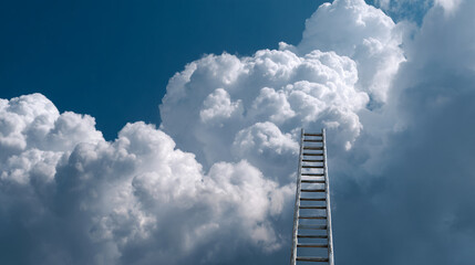 Poster - Wooden ladder reaching fluffy white clouds against a blue sky, symbolizing ambition, growth, and achieving goals, reaching for success