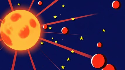 Poster - A red and yellow sun with a blue background. There are stars in the background. There are also red and blue circles