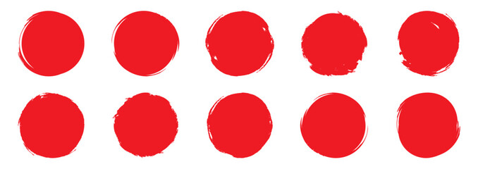 Poster - Hand drawn rough circle shape. Set of red grunge brush stroke circles, iconic Japanese flag symbol, isolated on transparent background 