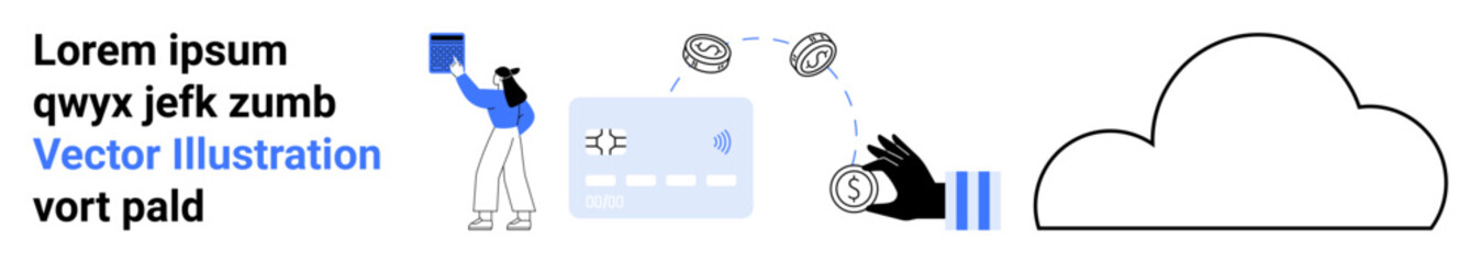 Poster - User holding a tablet, connected icons for secure transactions, a credit card, and a cloud symbol. Ideal for technology, cloud computing, finance, digital wallets, data security online payments