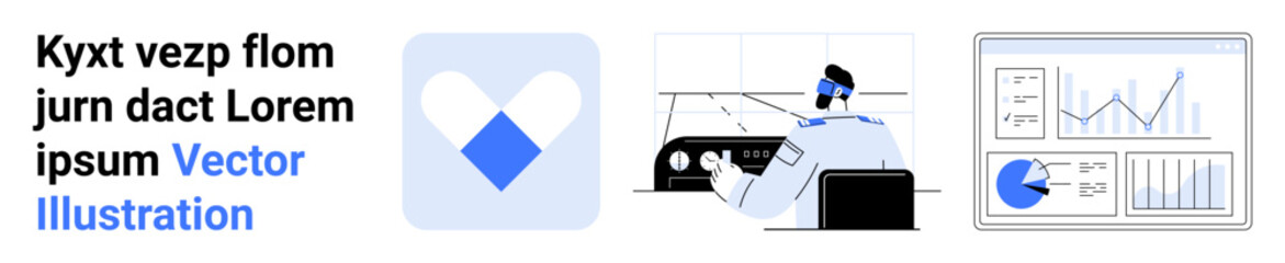 Poster - blue app logo, person analyzing data on multi-screen dashboard, charts showing metrics. ideal for te