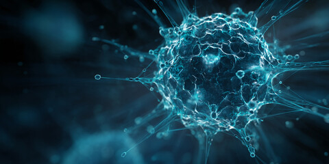 Fototapete - Close-up of a teal, translucent cellular structure with intricate network, suggesting complexity and interconnectedness, ideal for science or technology concepts