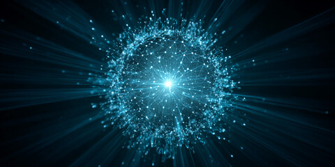 Fototapete - Glowing blue sphere with interconnected nodes, radiating light beams, symbolizing network, connection, or global communication. Abstract digital art for technology concepts