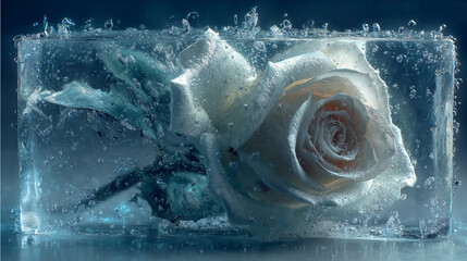 Poster - White rose frozen in ice cube, water bubbles surrounding it,  depicting fragility, beauty, and preservation, suitable for elegant or winter themes.