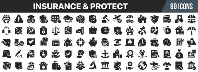 Poster - Insurance and protect black icons collection. Big UI icon set in a flat design. Vector illustration EPS10
