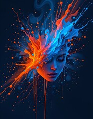 Poster - neon pastel digital art with glowing splashes of blue and orange against a dark background.