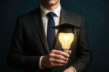 Poster - A businessperson demonstrates strategic decision-making by combining leadership and innovation symbolized through a glowing idea success and growth