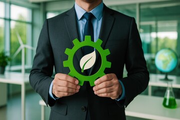 Poster - A business professional demonstrates strategy and decision-making focused on sustainability and innovation by symbolically holding a gear with a leaf emblem