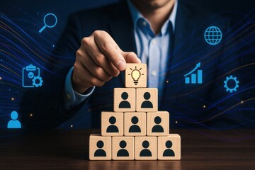 Poster - A strategic decision builder arranges blocks symbolizing teamwork and innovative ideas to drive business growth and leadership efficiency
