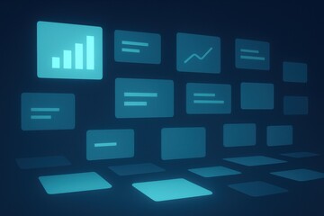 Poster - A digital control panel with glowing data tiles represents business strategy and decision making through innovative growth and efficient information management
