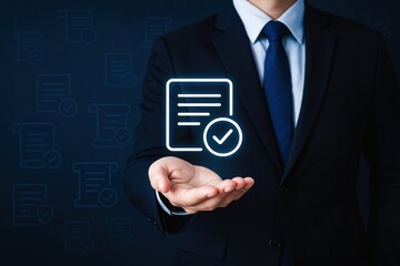 Poster - A businessman demonstrates strategic decision-making through digital document validation symbolizing business growth and compliance efficiency