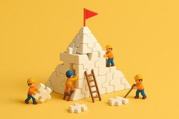 Poster - This represents strategic teamwork and decision-making as miniature figures assemble interconnected puzzle pieces to reach the peak symbolizing business growth and leadership