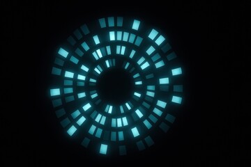 Poster - This abstract radial chart illustrates strategic decision-making and innovation through dynamic segmented blocks glowing in soft cyan on a dark background