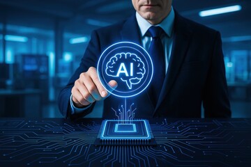 Poster - A businessman strategically activating artificial intelligence technology symbolizes innovation and decision-making driving business growth and efficiency