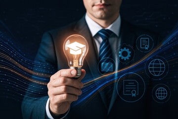 Poster - A businessman holding a glowing lightbulb symbolizes innovation and strategic ideas driving business growth and smart decision-making in education and work