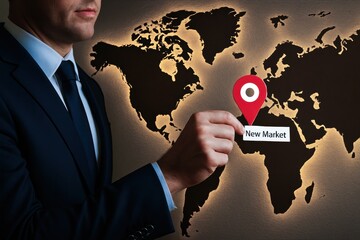 Poster - A businessman pins a location marker on a world map symbolizing strategic decision and growth opportunities in new market development
