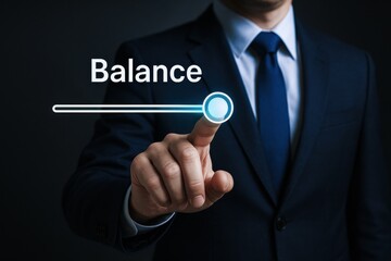 Poster - A businessman demonstrates strategic decision-making and balance through innovative touchscreen interaction emphasizing leadership and efficiency in business growth