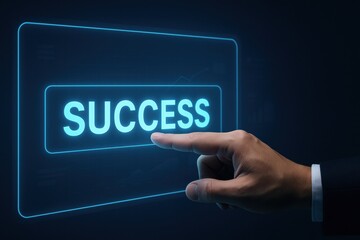 Poster - A business professional interacts with a futuristic touchscreen dashboard illustrating strategy and decision making for achieving success and growth in the workplace