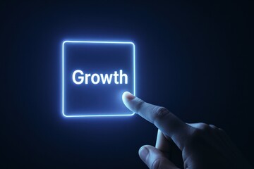 Poster - A pressing a glowing digital button labeled growth illustrates business strategy and decision-making focused on innovation and progress