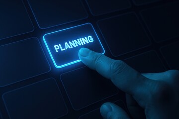 Poster - A selects a glowing planning button on a dark segmented tech interface representing strategic decision making and business innovation