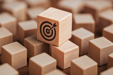 Poster - A strategic concept represented by a wooden cube with a target icon highlights focused decision-making and business growth in a competitive environment