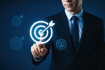 Poster - A businessman uses strategic decision-making to target business objectives and drive growth by focusing on customer goals and effective planning