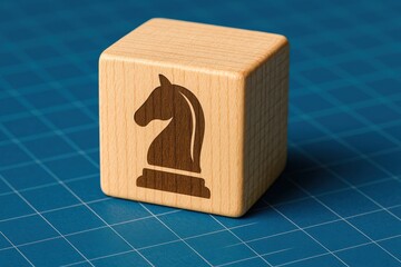 Poster - This wooden block featuring a chess knight symbolizes strategic decision-making and leadership reflecting business growth and innovative planning on a blueprint grid