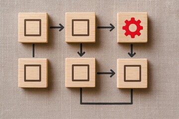 Poster - This business flowchart on wooden blocks illustrates strategic decision-making and operational workflow highlighting leadership and process efficiency