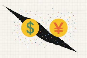 Poster - Through a torn minimalist grid canvas symbols dollar and yuan emerge surrounded by scattered data illustrating strategy and decision in business growth