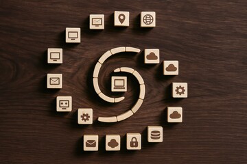 Poster - A strategic arrangement wooden cubes with technology icons forms a spiral symbolizing business growth innovation and decision-making efficiency