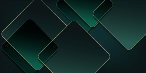Wall Mural - dark green abstract background with gold lines and shadow. geometric shape overlap layers. transpare