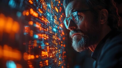 Poster - Visionary business leader analyzes futuristic financial projections on a holographic screen